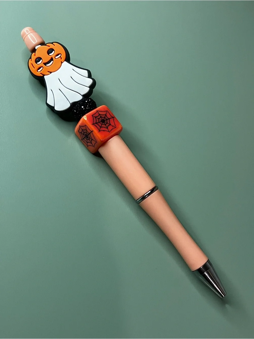 Halloween Pumpkin Ghost with Spiderweb Cube Handmade Beaded Pen